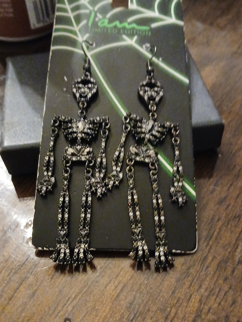Gothic Skeleton Dangle Earrings - Black Crystal Accent